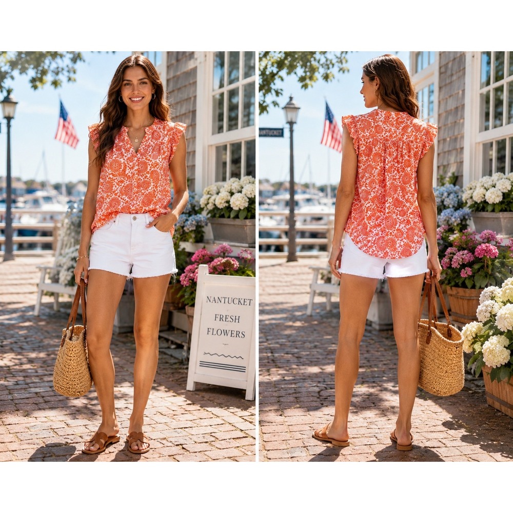 J.Crew Womens Orange Paisley Floral Ruffle Cap Sleeve Button Front Blouse Size M